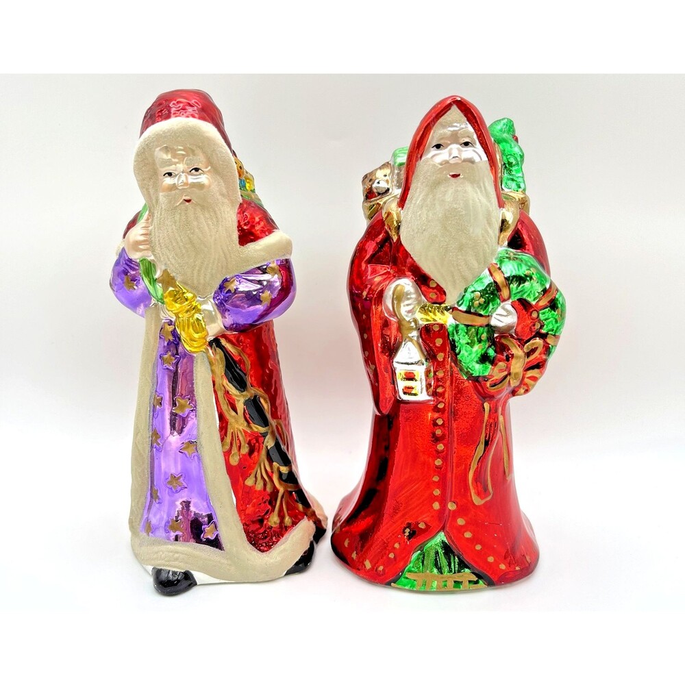 Old World Ceramic Santa Figurines Set of 2 High Gloss Metallic Father Christmas